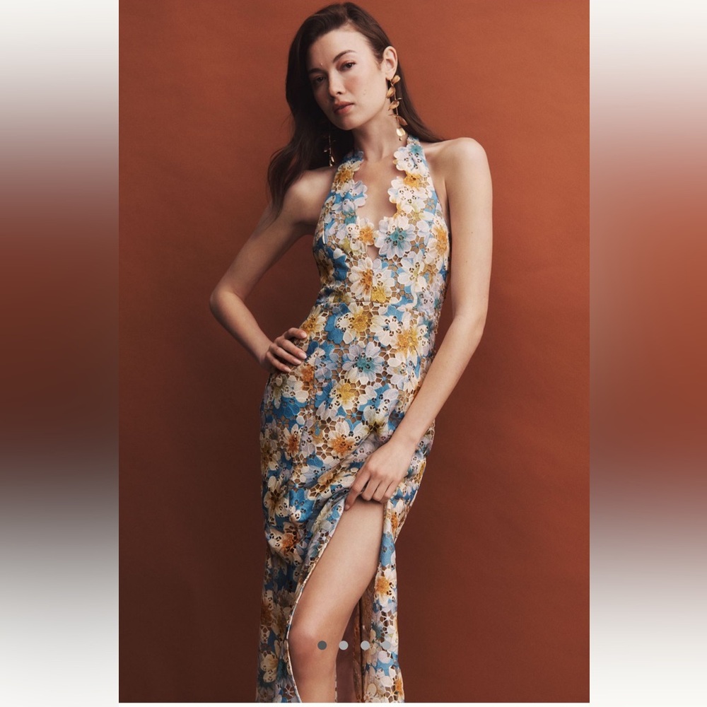 Anthropologie Elliatt Nesting Halter Floral Lace Side slit midi dress, large